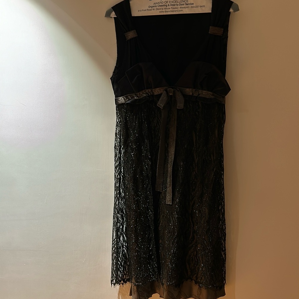 Black and army green v-neck cocktail dress with satin, lace and chiffon